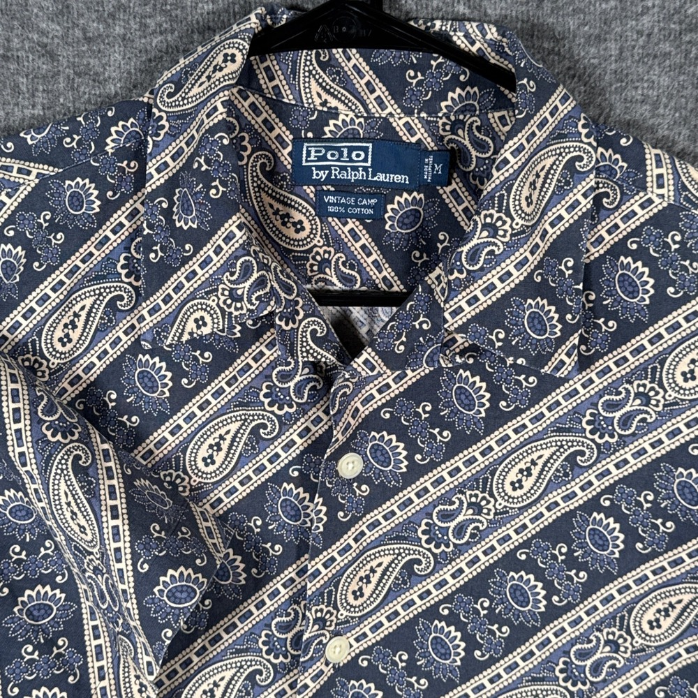 Polo Ralph Lauren Vintage Camp Shirt Mens Medium Blue Bandana Paisley Camp Loop
